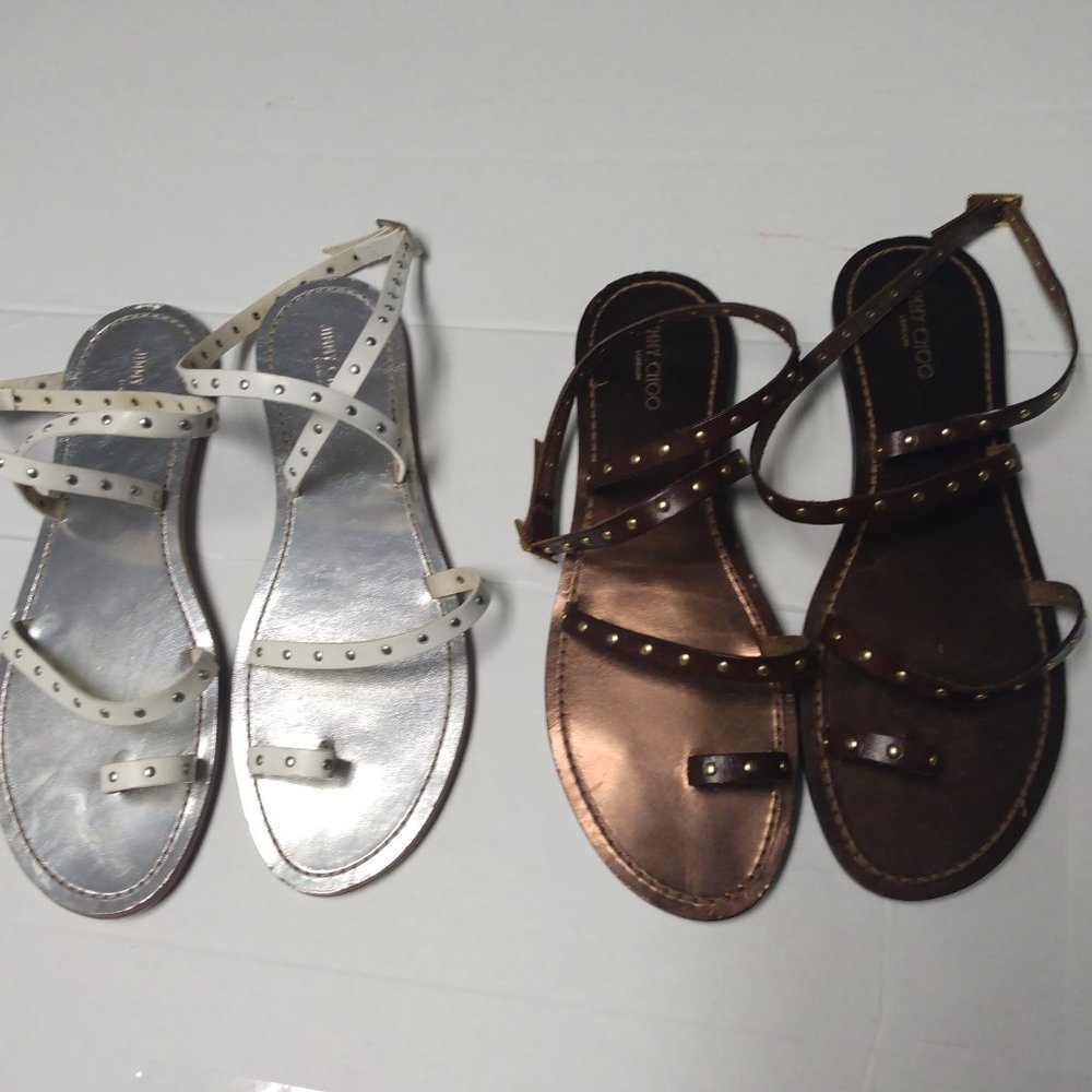 ❤️2 BOGO JIMMY CHOO White Brown Studded Leather Ankle Wrap Toe Ring Sandals 39.5